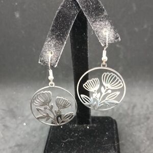 Silver Tone Botanical Dangle Earrings with Lotus Design